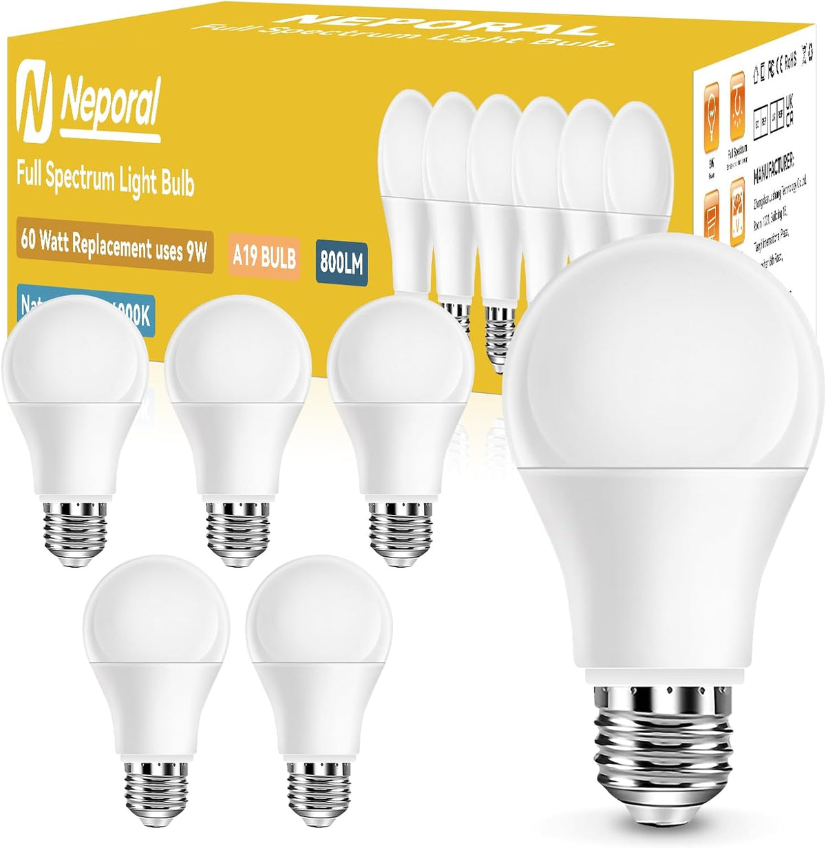 Full Spectrum Light Bulb, 6000K Natural Sunlight Bulbs, 9W 60W Equivalent LED Light Bulb, Natural Light Bulbs A19