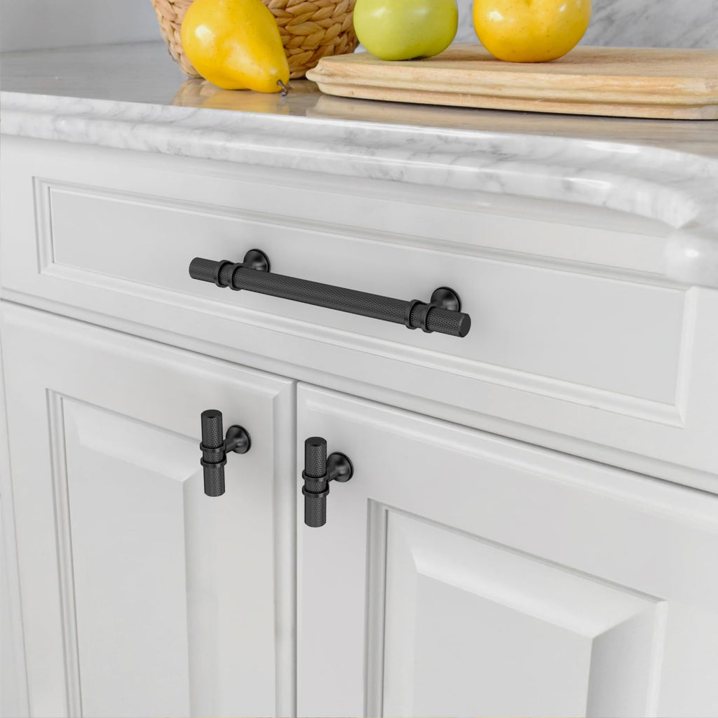 10 Pack Knurled Matte Black Cabinet Pulls 6.3 Inch Hole Center Kitchen Cabinet Handles for Drawer, Cupboard and