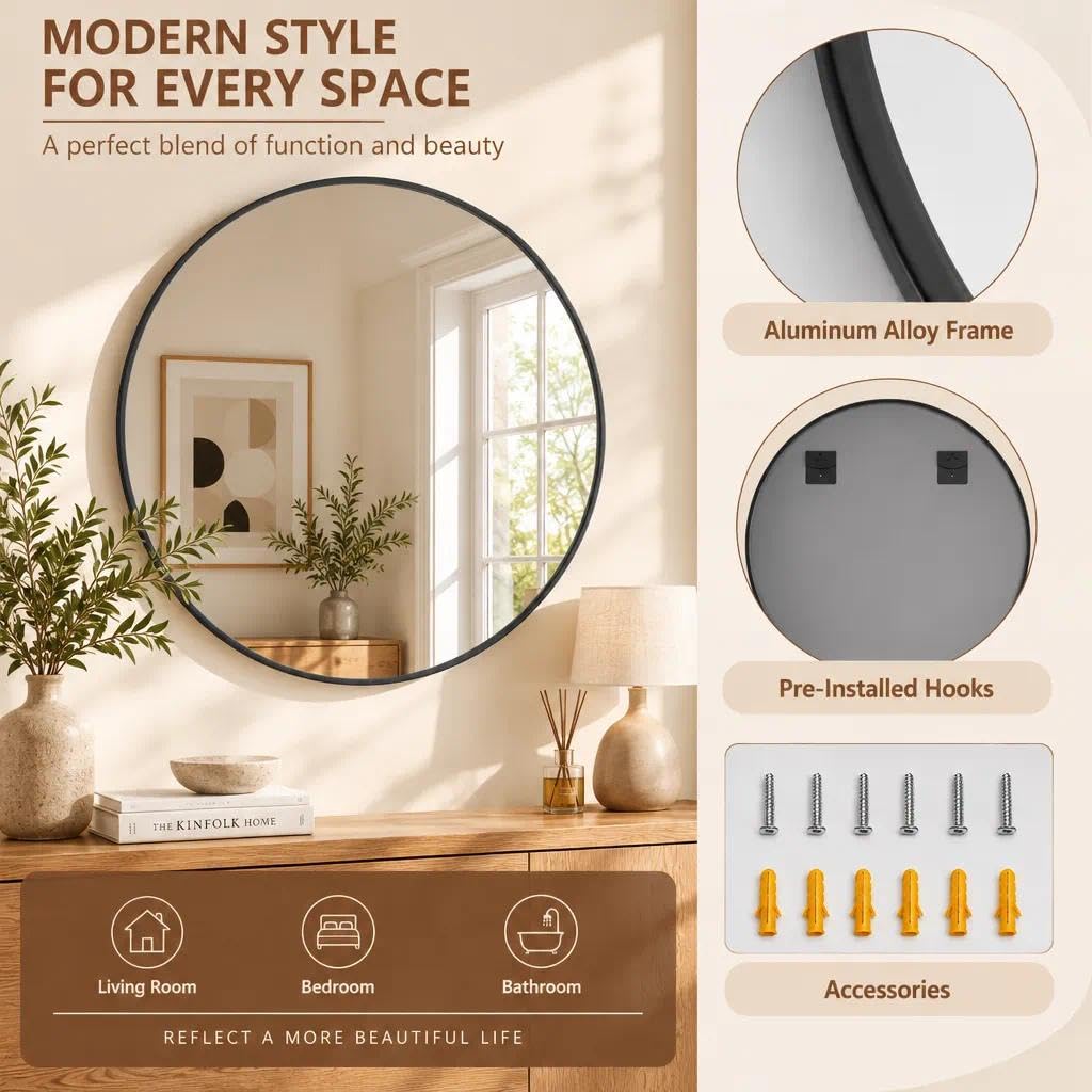 20 Inch Round Mirror, Metal Frame Circle Mirror, Black