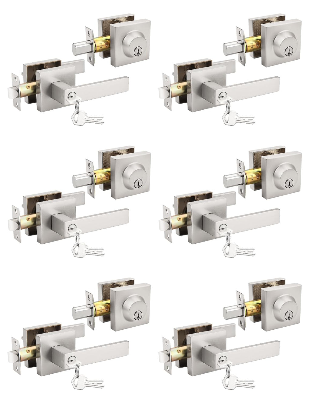 6 Pack Brushed Nickel Keyed Alike Front/Exterior Door Lever with Single Cylinder Deadbolt, Square Entry Door Knob
