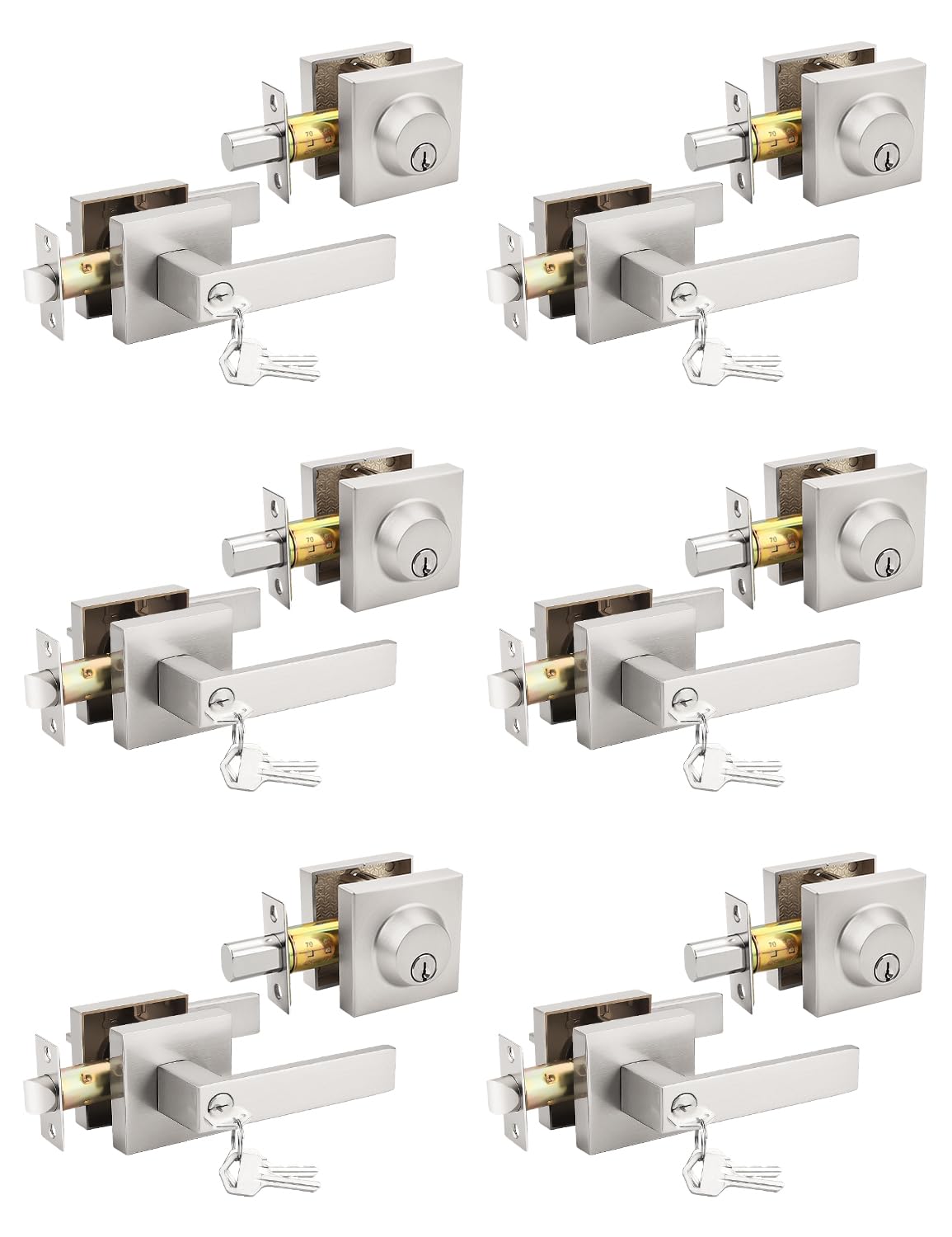 6 Pack Brushed Nickel Keyed Alike Front/Exterior Door Lever with Single Cylinder Deadbolt, Square Entry Door Knob