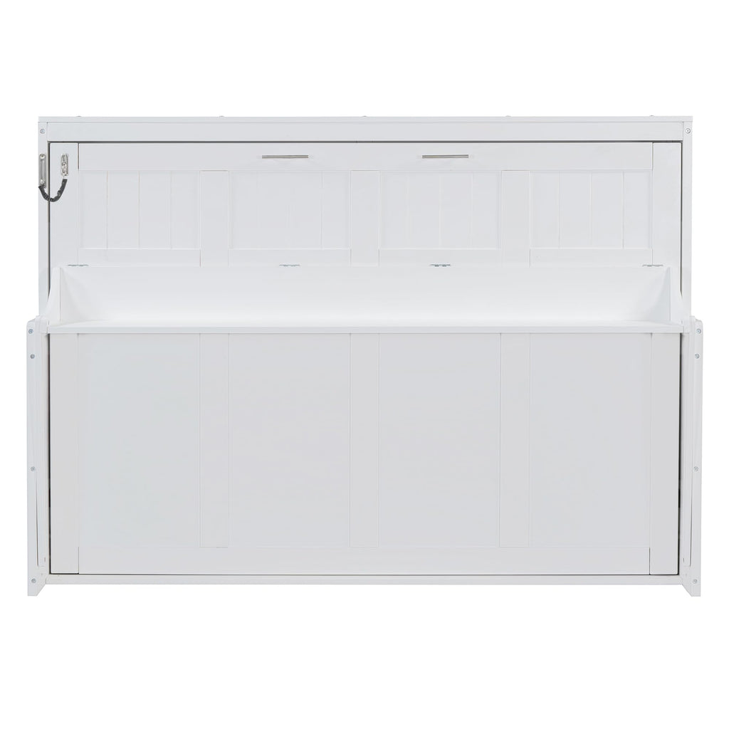 Full Size Murphy Bed, Wood Murphy Wall Bed with Hydraulic Lift & Desk Design, White