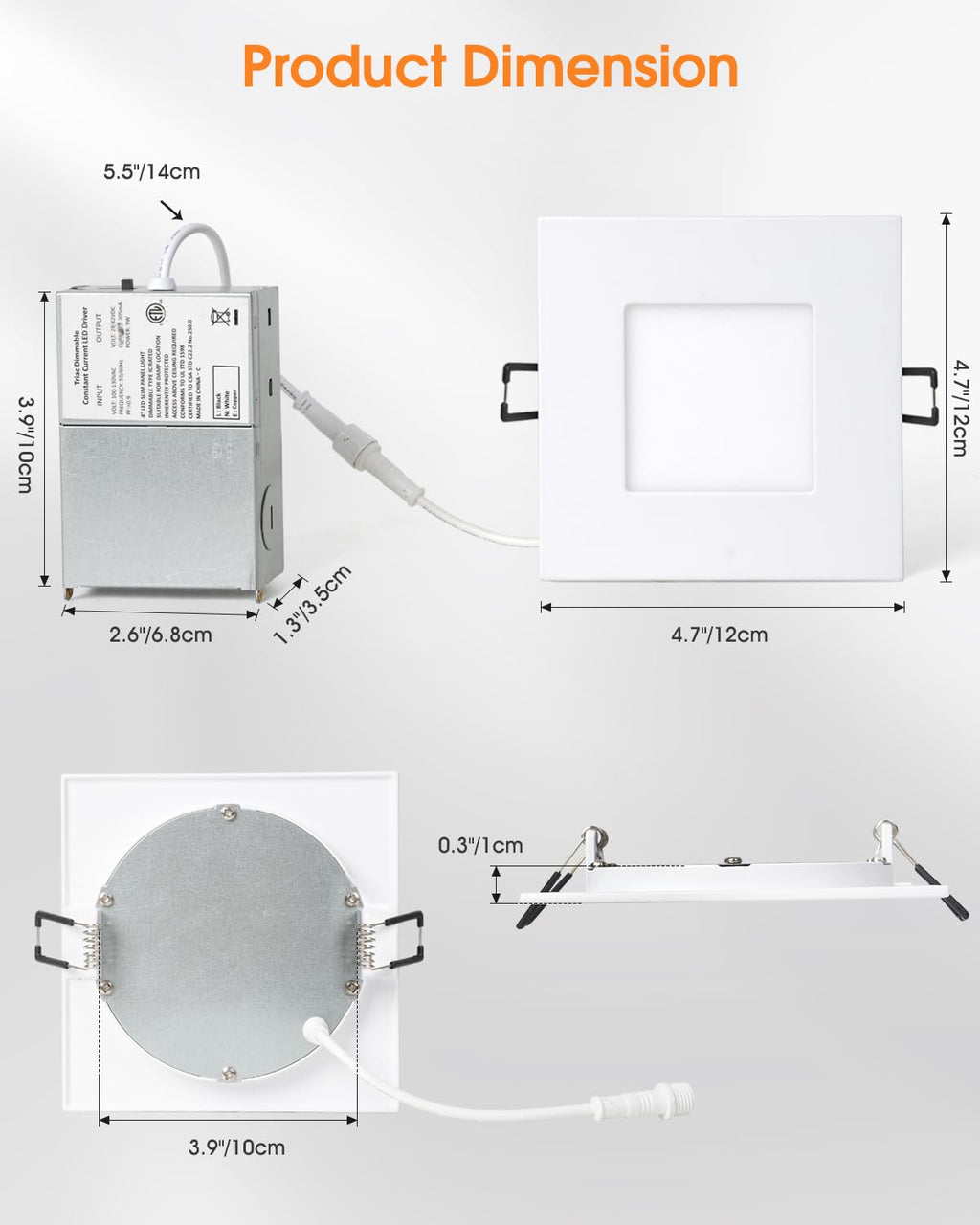 4-inch Square Recessed Lighting - Ultra Thin Dimmable Square LED Ceiling Light,5 Color Temperature