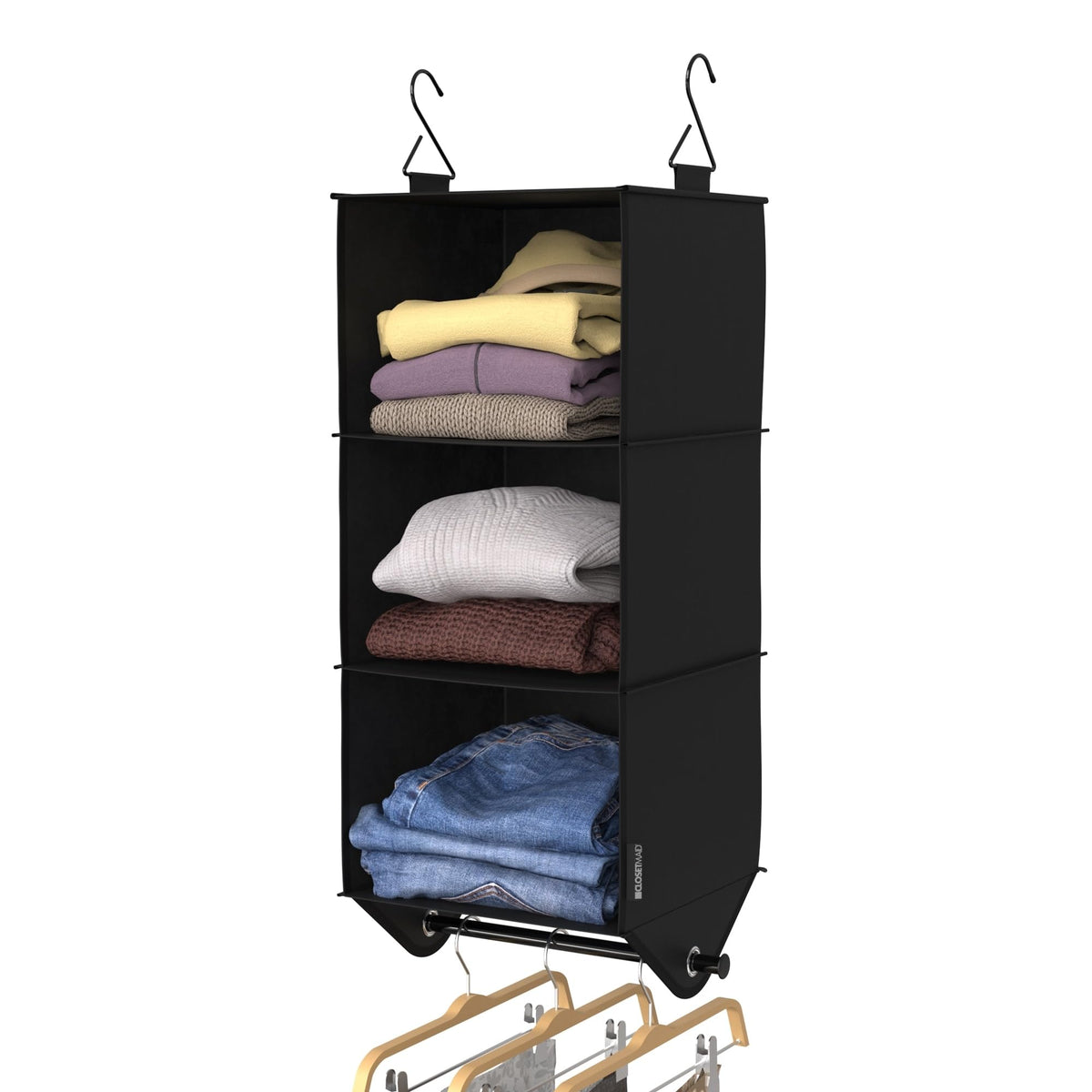 3-Shelf Fabric Hanging Closet Organizer with Garment Rod for Shirts, Sweaters, Pants, Hats, Shoes, Purses with