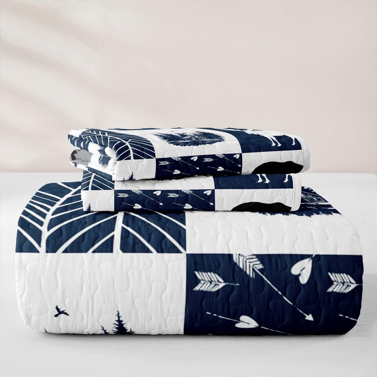 Elk Quilt Set Bear Quilt Deer Head Moose Arrow Cabin Quilted Bedspread Plaid Geometric Blue White Coverlet