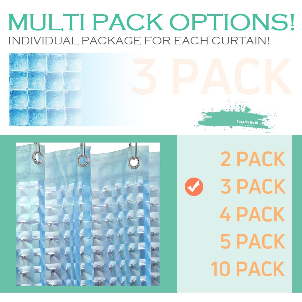 3 Pack 3D Crystal Blue Plastic Shower Curtain Liner, 72x72 Inch Ice Cube Bathroom Shower Showroom Inner Curtain