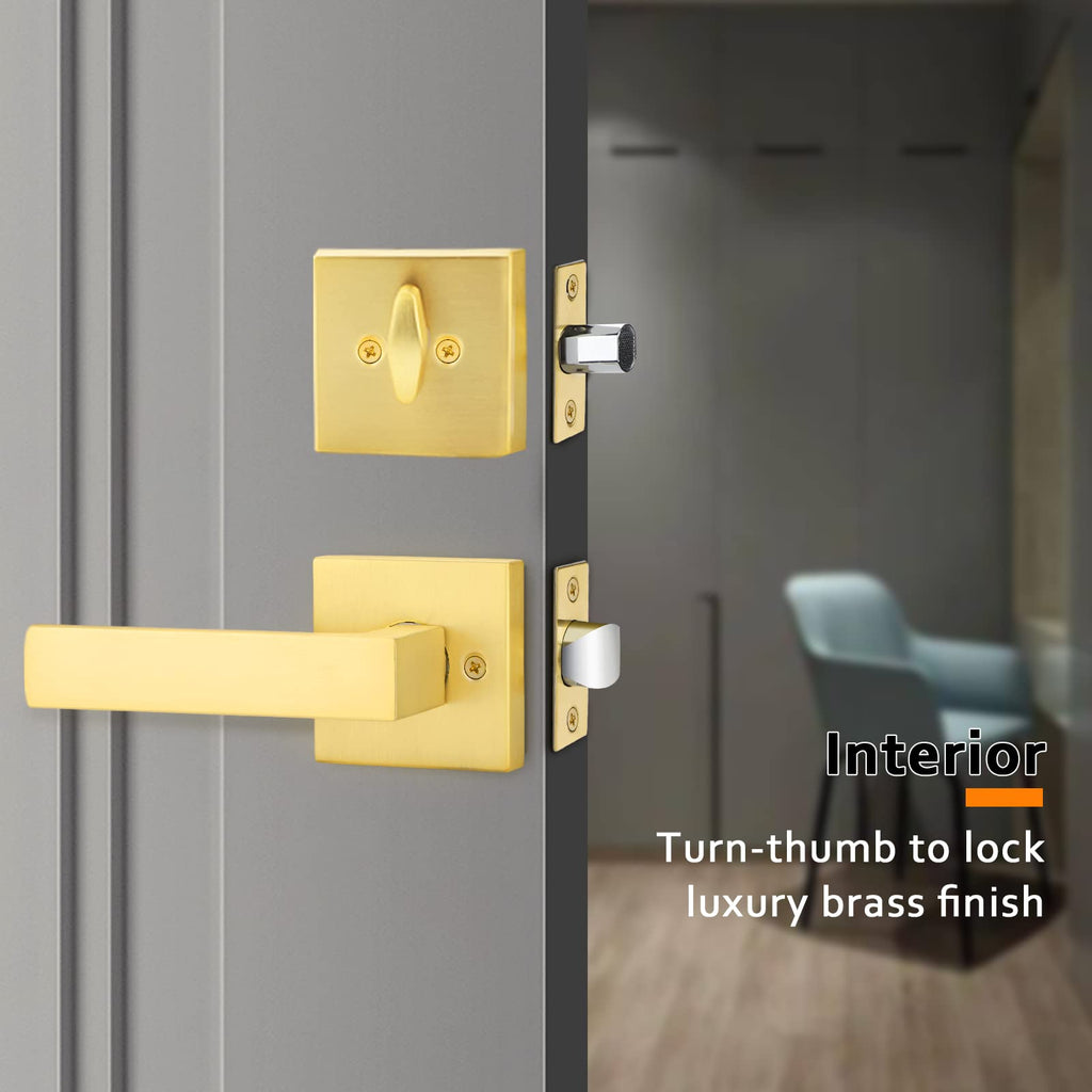 Front Door Handle and Deadbolt Set, Satin Brass Exterior Door Lock Set
