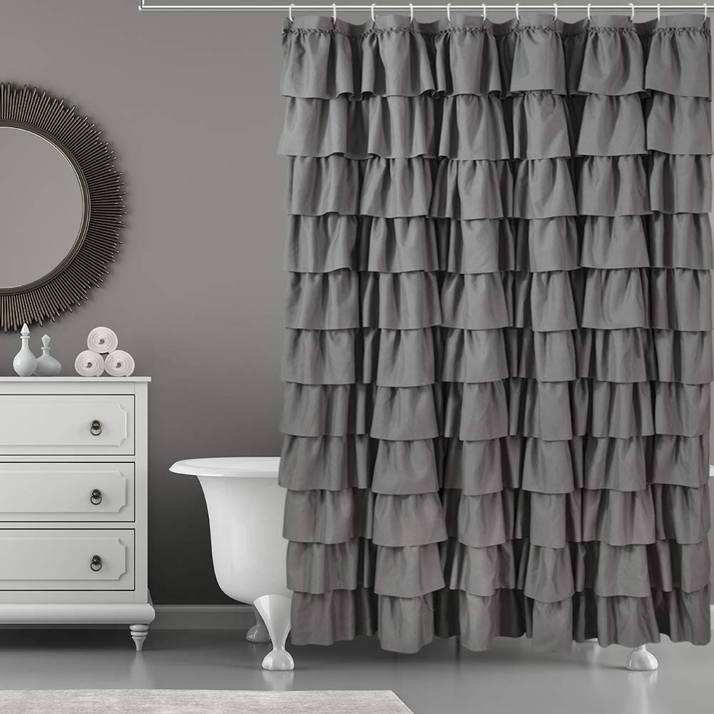 Gray Ruffle Shower Curtain, 72 x 84, Machine Washable Fabric