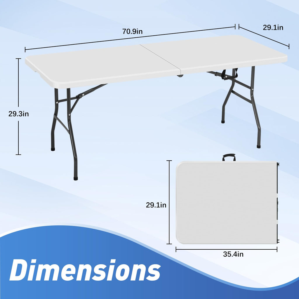 6FT Folding Table, Heavy Duty Plastic Table Portable Fold-in-Half Utility Table Indoor Outdoor Picnic Table w/Handle
