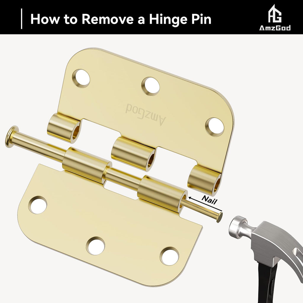 Door Hinges Polished Brass - 12 Pack Gold Door Hinges 3.5 Inch Rounded Interior Door Hinge with 5/8" Radius - 3 1/2