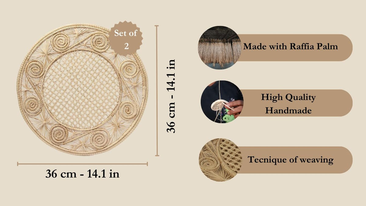 Caracoli Round Placemats,Set of 2, 13.8 Inch, Handmade Woven Placemats in Natural Color, Made with a Palm Called