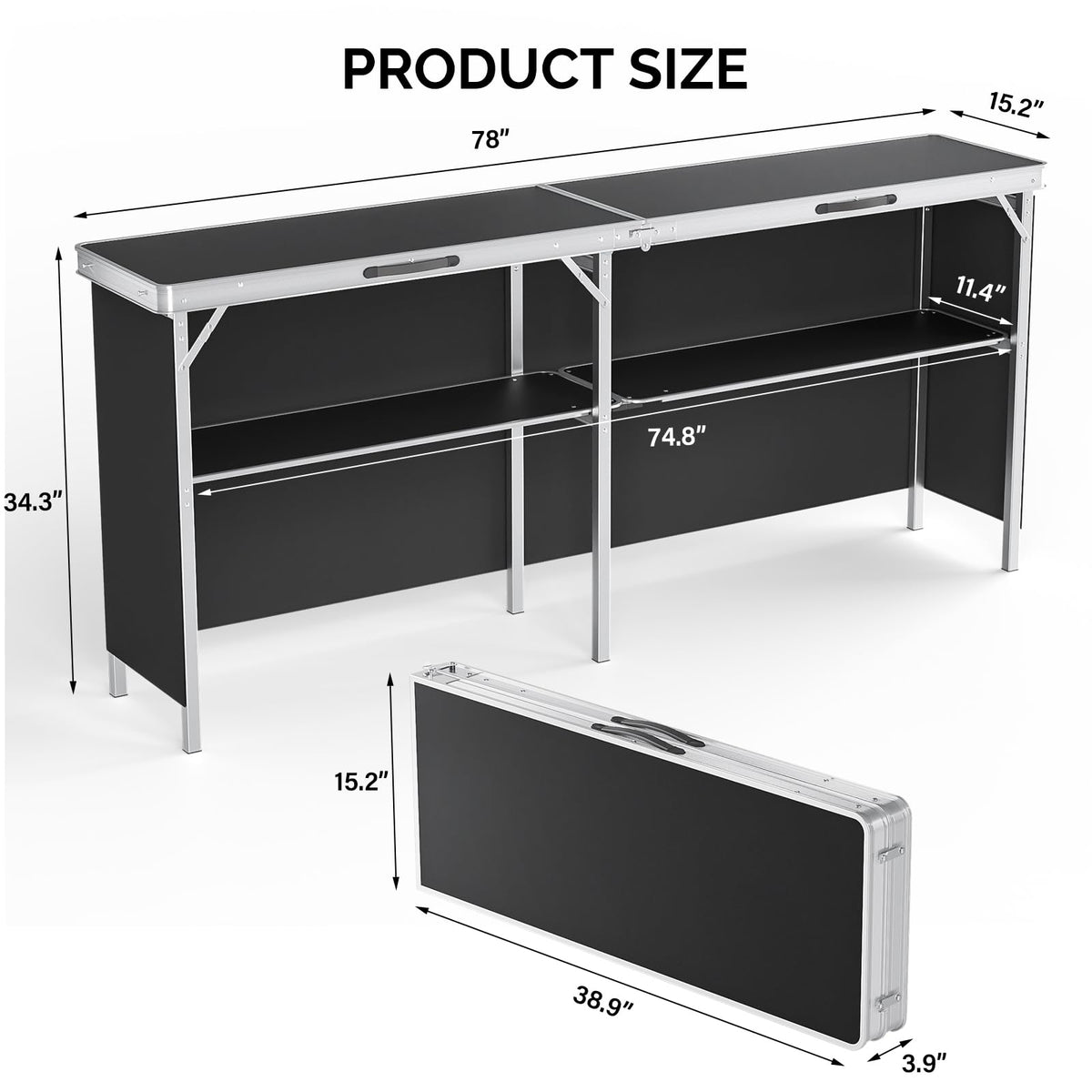 78" Portable Bar Table, 2-Tier Shelves, Mobile Bar Table for Events, Party, Camping, Picnic, Tradeshow, Indoor with