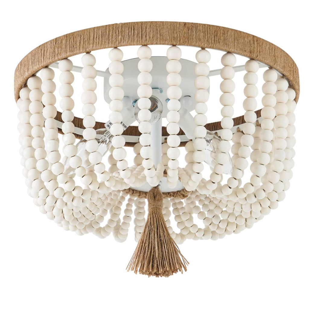 Bohemia Wood Beaded Flush Mount Ceiling Light Antique Rustic Mini Round Chandelier White Kitchen Island Girl Room