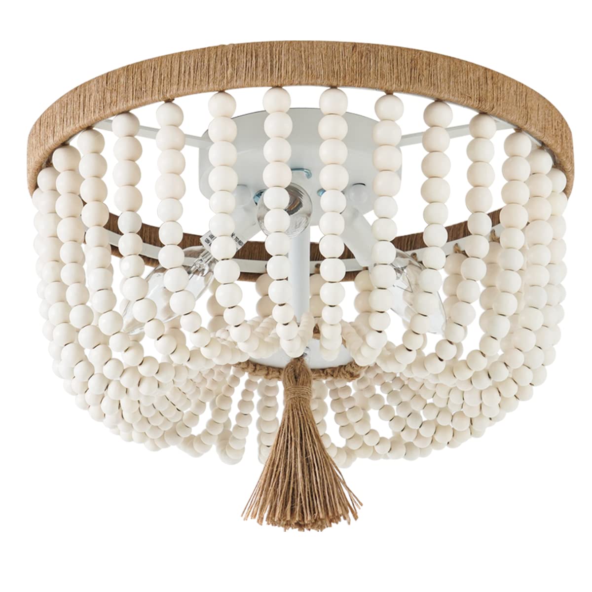 Bohemia Wood Beaded Flush Mount Ceiling Light Antique Rustic Mini Round Chandelier White Kitchen Island Girl Room
