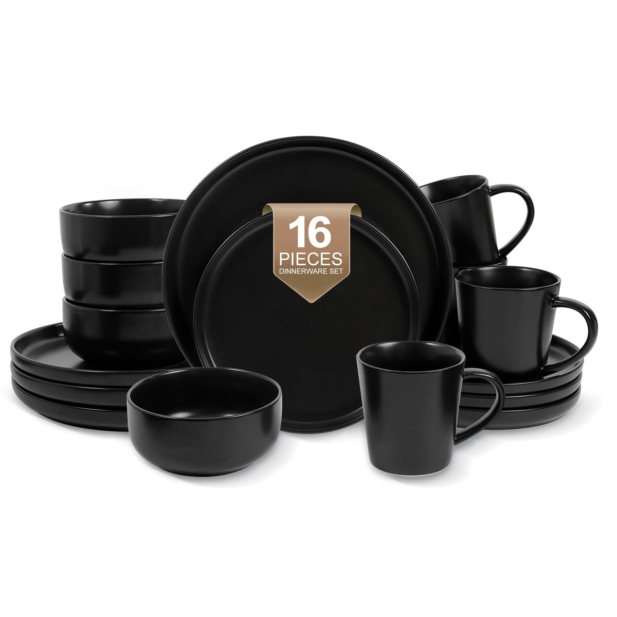 16-Piece Ceramic Dinnerware Sets with Mugs for 4, Black Plates and Bowls Set with Classic Design, Scratch Resistant