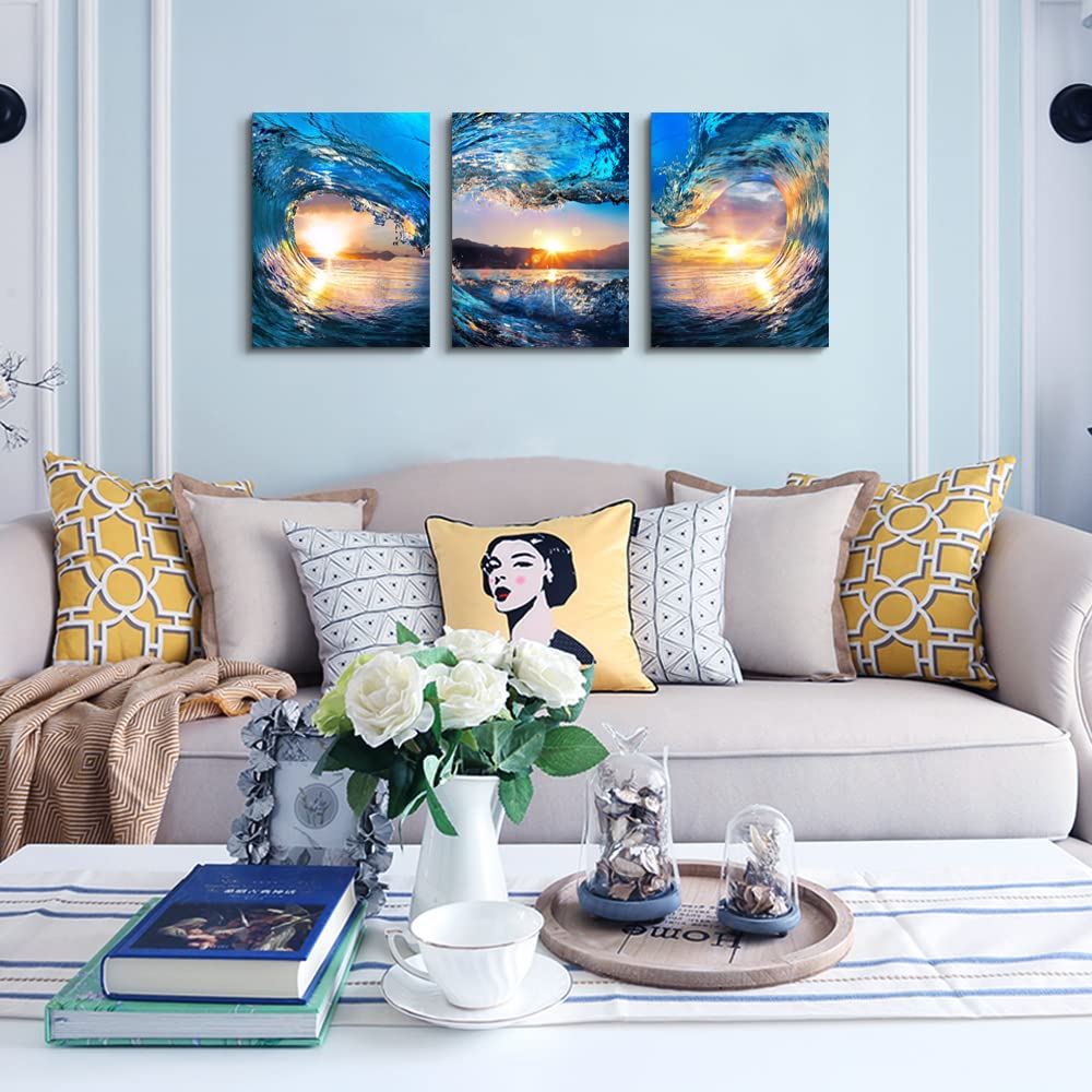 Canvas Wall Art Bedroom Office - Blue Sea View Sunrise Ocean Waves - 3 Piece Set - 16" X 24" Large Size