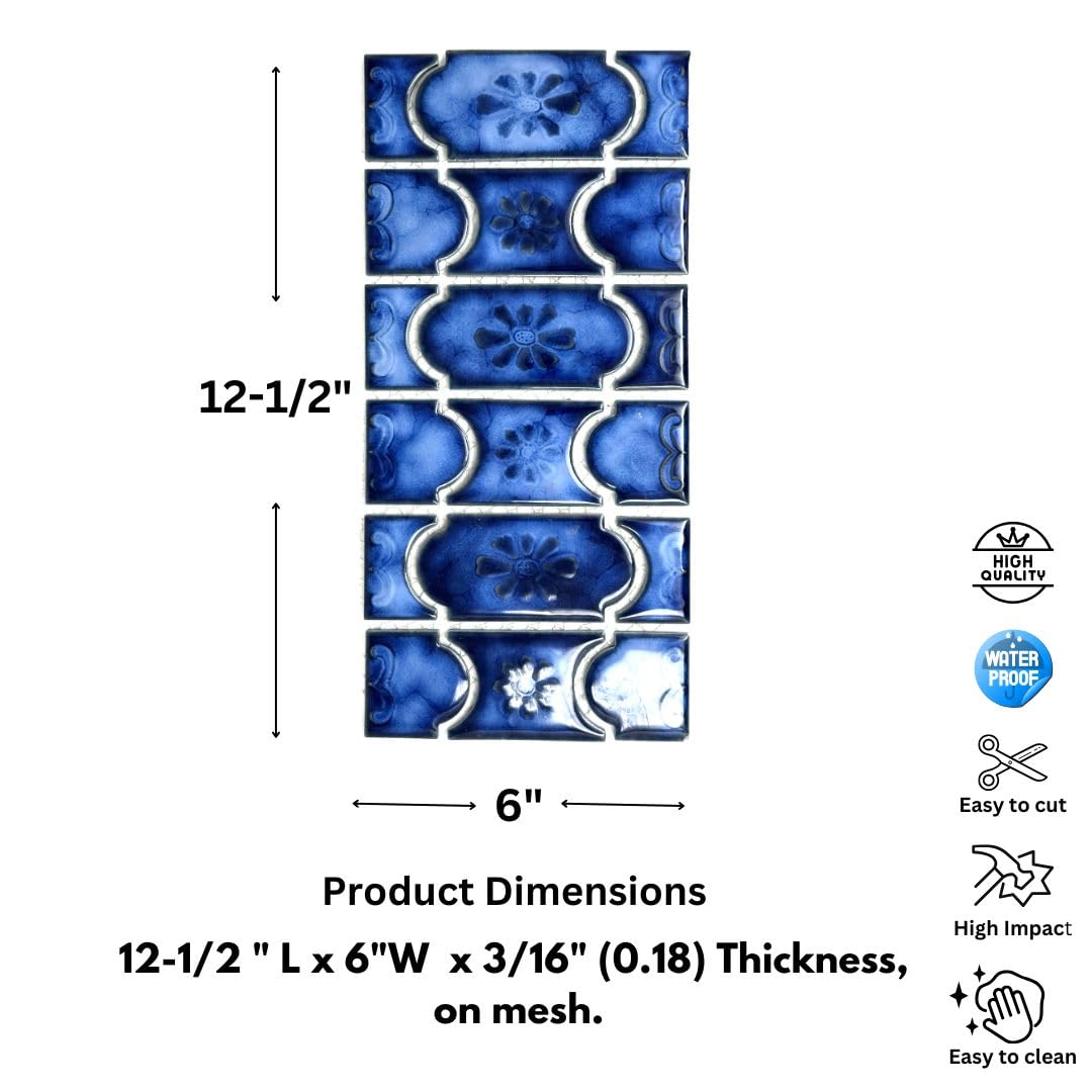 Marble Royal Blue Glossy Porcelain Mosaic Tile on 6x12 Mesh for Pool, Bathroom, Shower, Kitchen Backsplash, Accent