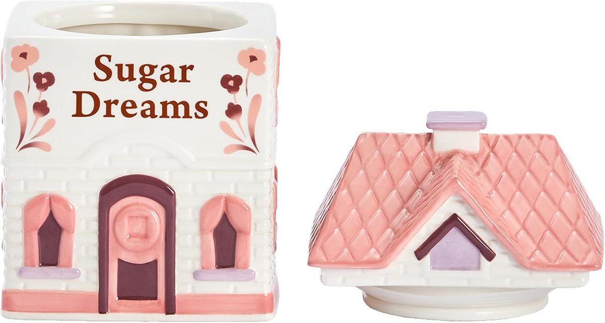Spice Cottages 7.5-Inch Pink Ceramic Cookie Jar, Hand-Painted House-Shaped Airtight Container for Cookies, Treats &