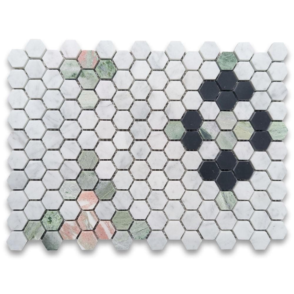 Carrara White Marble 1 inch Hexagon Starlight Mosaic Tile w/Norwegian Rose Pink Honed Kitchen Bath Wall Floor