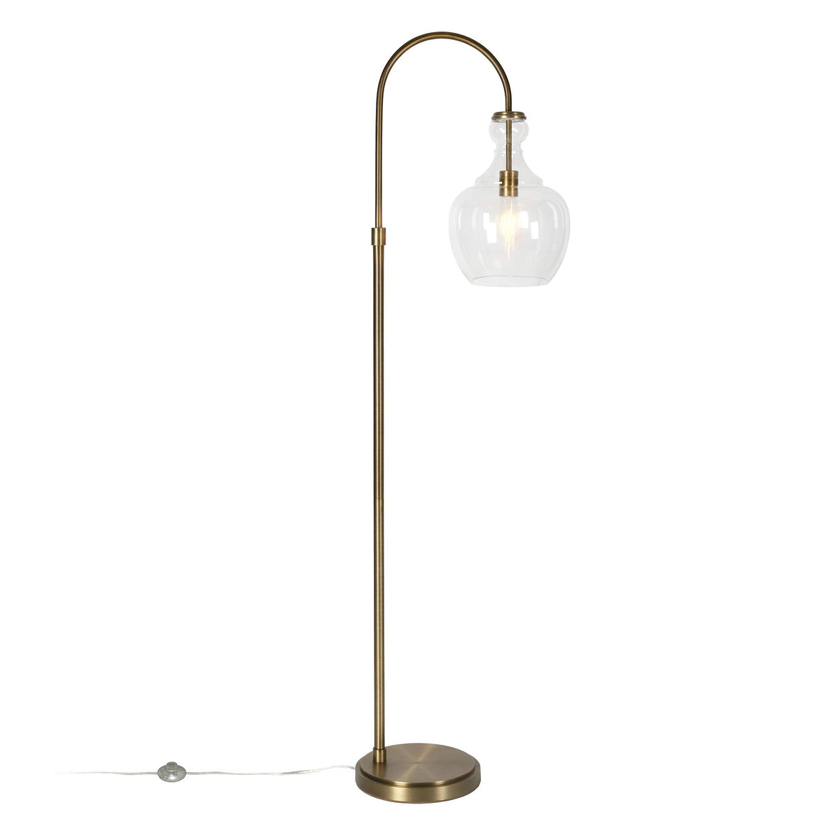 Inspired Arco Style Arc Floor Lamp with Glass Shade in Brass/Clear, Floor Lamp