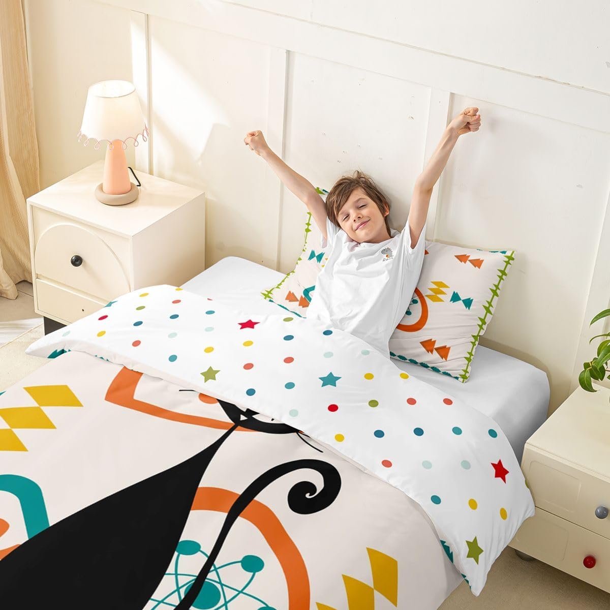 Mid Century Retro Cat Bedding Duvet Cover Set Twin Size for Kids Bedroom