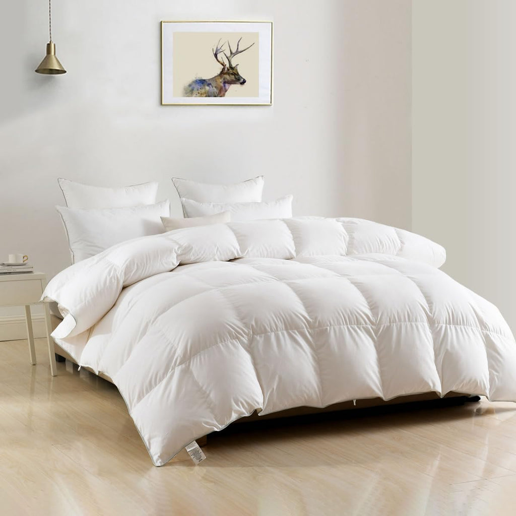 Luxury Oversized Down Feather Fibers Comforter, Soft Cotton Blend Cover, High Fill Power Medium Weight