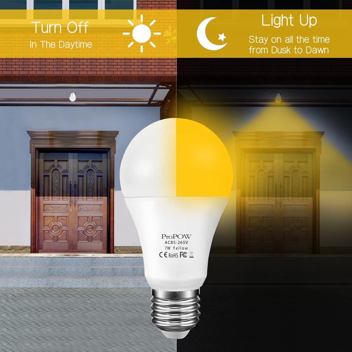 Amber Yellow LED Light Bulb, 7W Dusk to Dawn Bulbs 40W Equivalent A19 Auto on/Off LED Bulbs Outdoor Lights 580 Lumens
