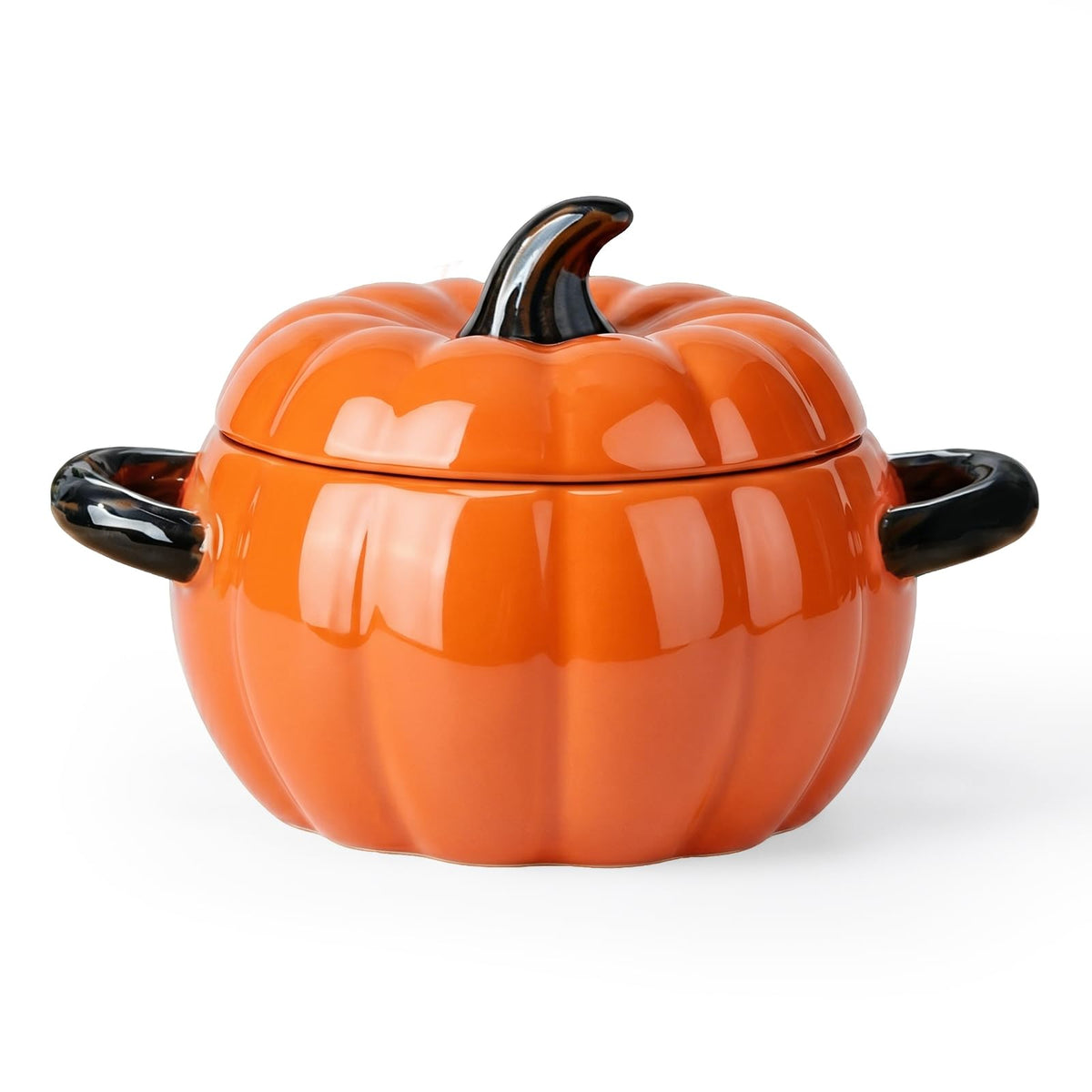 Pumpkin Soup Bowl, 64oz Ceramic Pumpkin Pot with Lid (Orange)