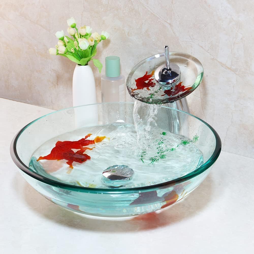 Clear Bathroom Sink Hand Painting Gold Fish Tempered Glass Vessel Sink Basin with Waterfall Faucet and Drain