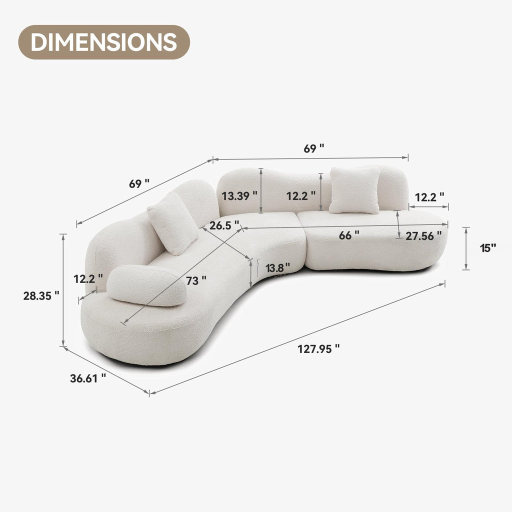128 Inch White Oversized Curved Boucle Modular Sectional Sofa, 5-Seater
