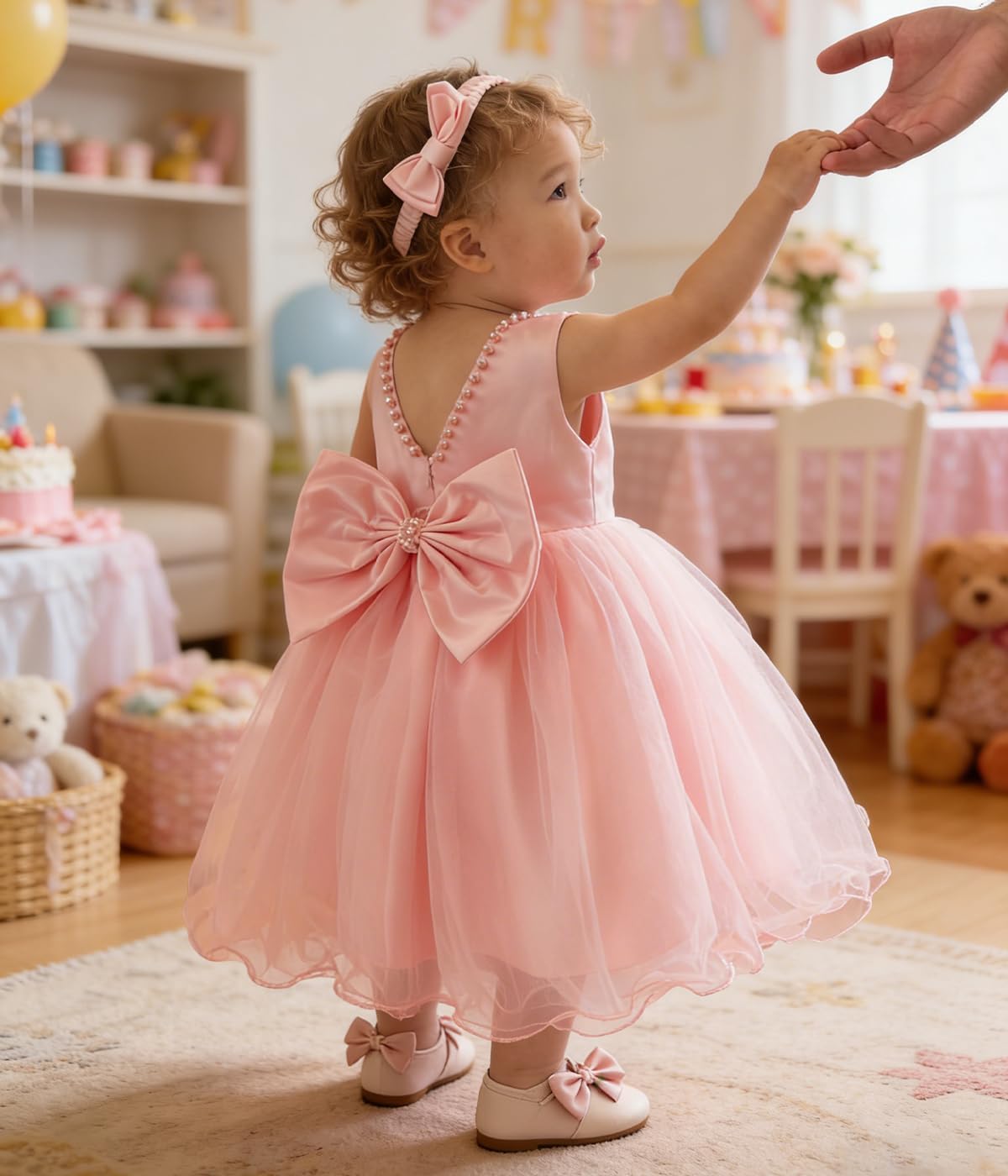 Pink Baby Girl Party Dress Bow Headband Baby Pink Newborn Dress