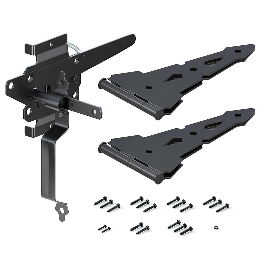 8" Heavy Duty Decorative Strap Hinges and Spring Loaded Latch Kit with Screws for Outdoor Fence Swing Gate Black
