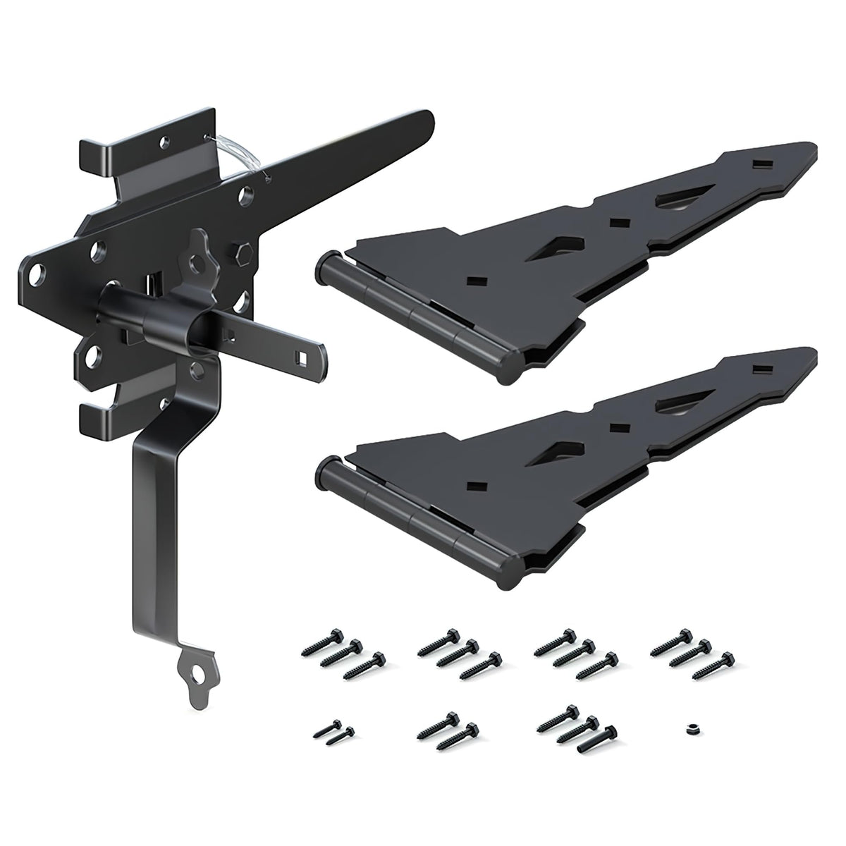 8" Heavy Duty Decorative Strap Hinges and Spring Loaded Latch Kit with Screws for Outdoor Fence Swing Gate Black