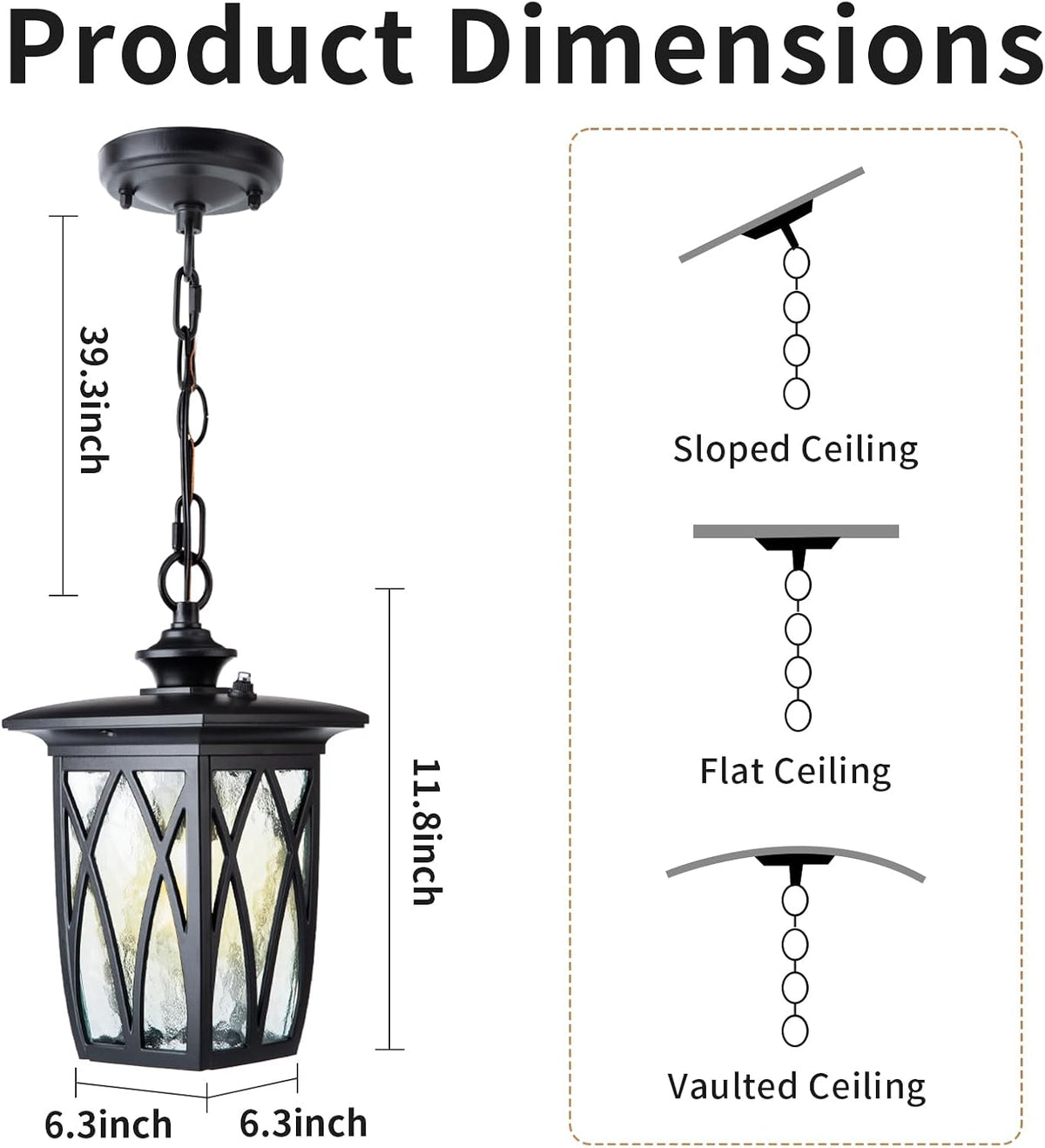 Dusk to Dawn Outdoor Pendant Lantern, 12 Inch Craftsman Style Exterior Hanging Light with Water Ripple Glass