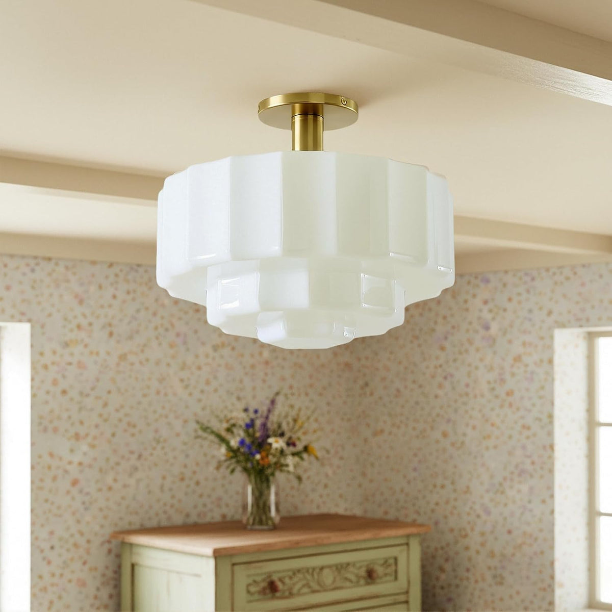 13.7 Inch Antique Brass Milk Glass Ceiling Light, Vintage Form