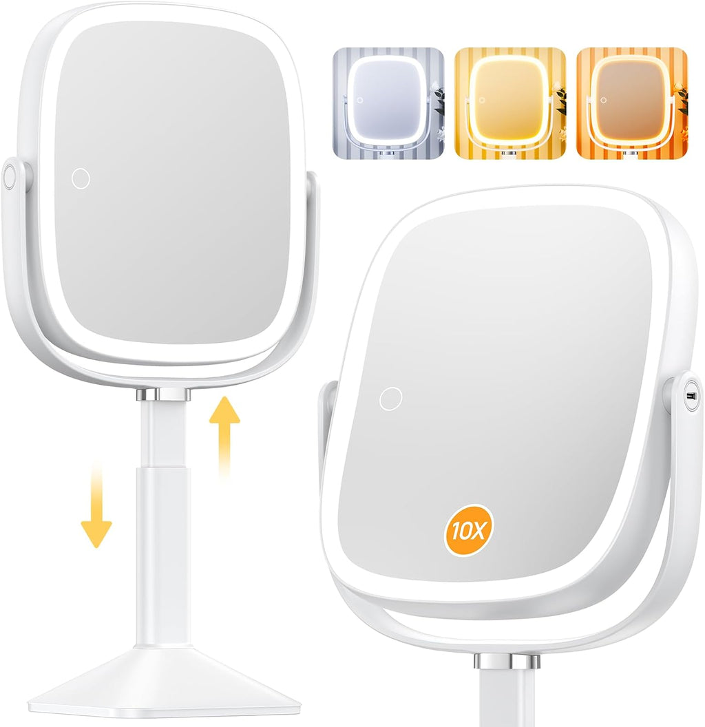 Rectangle Lighted Makeup Mirror with Magnification, 10X Magnifying Mirror with Lights 3 Color, Height Adjustable and