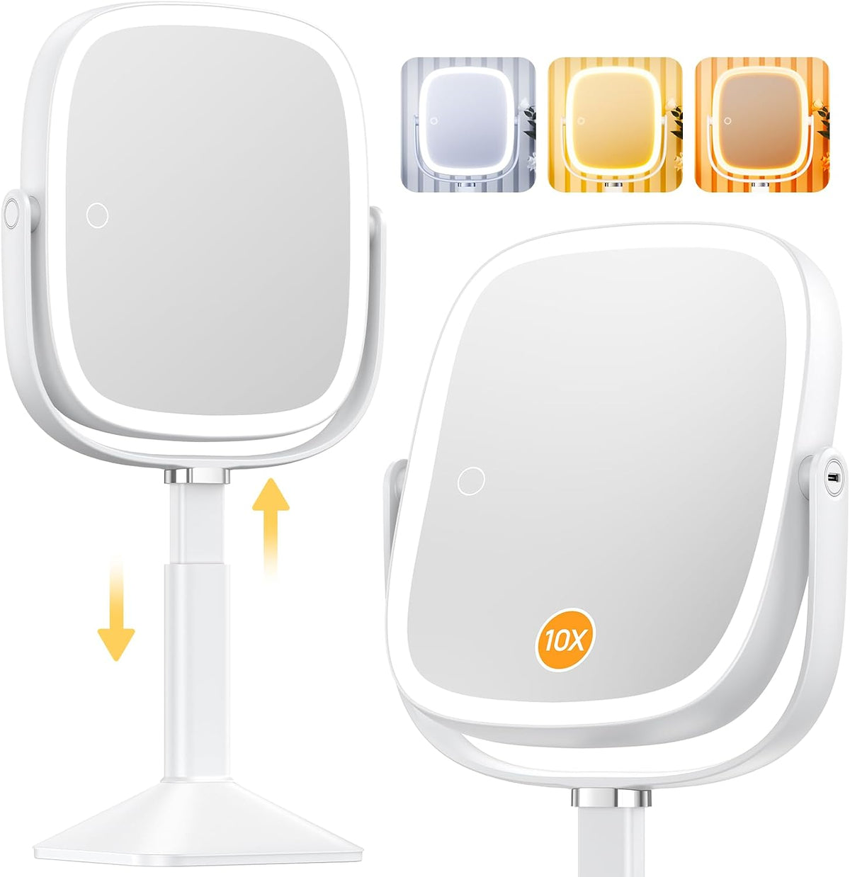 Rectangle Lighted Makeup Mirror with Magnification, 10X Magnifying Mirror with Lights 3 Color, Height Adjustable and