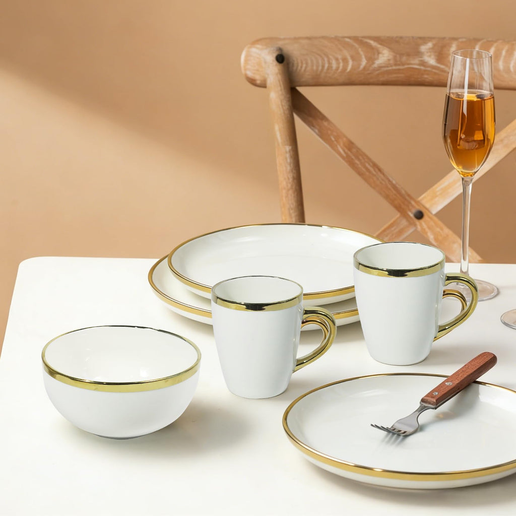 White and Gold Ceramic Dinnerware Sets for 4, 16-Piece Luxury Plates and Bowls Sets with Gold Rim, Modern Dish Set