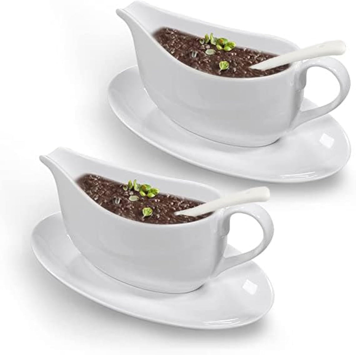 Gravy Boat With Ladle and Saucer 17 Oz, White Ceramic Sauce Boat