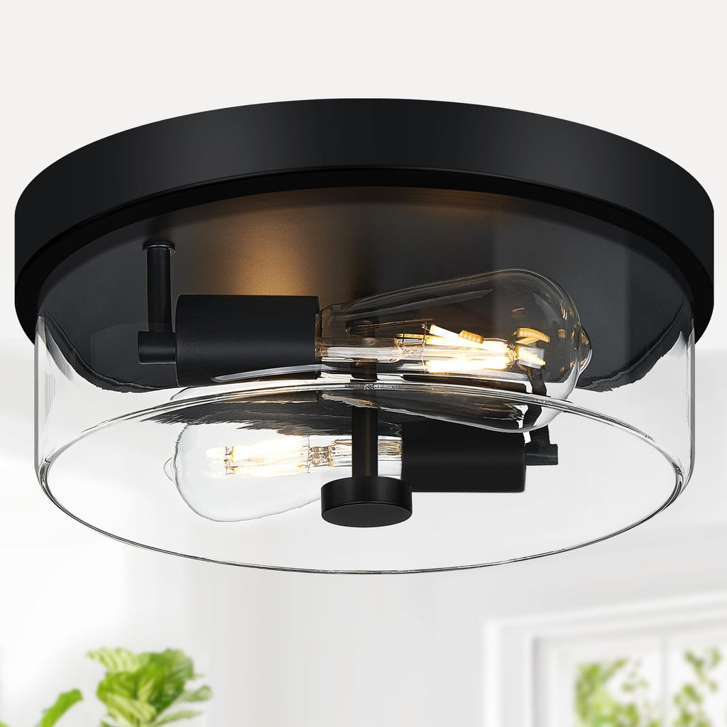 Flush Mount Ceiling Light Fixtures, 2-Light Black Ceiling Mount for Farmhouse with Clear Glass Lampshade, Industrial