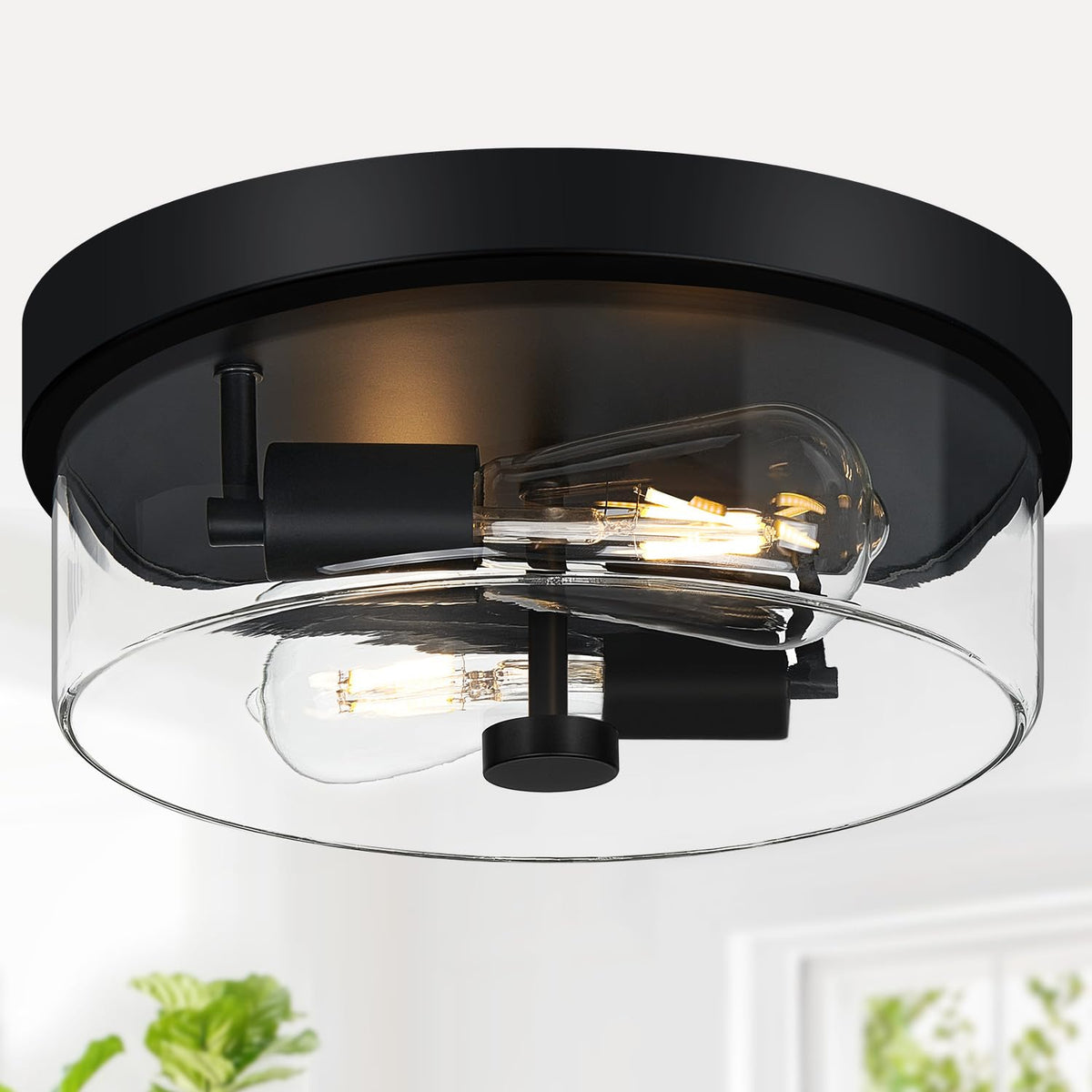 Flush Mount Ceiling Light Fixtures, 2-Light Black Ceiling Mount for Farmhouse with Clear Glass Lampshade, Industrial