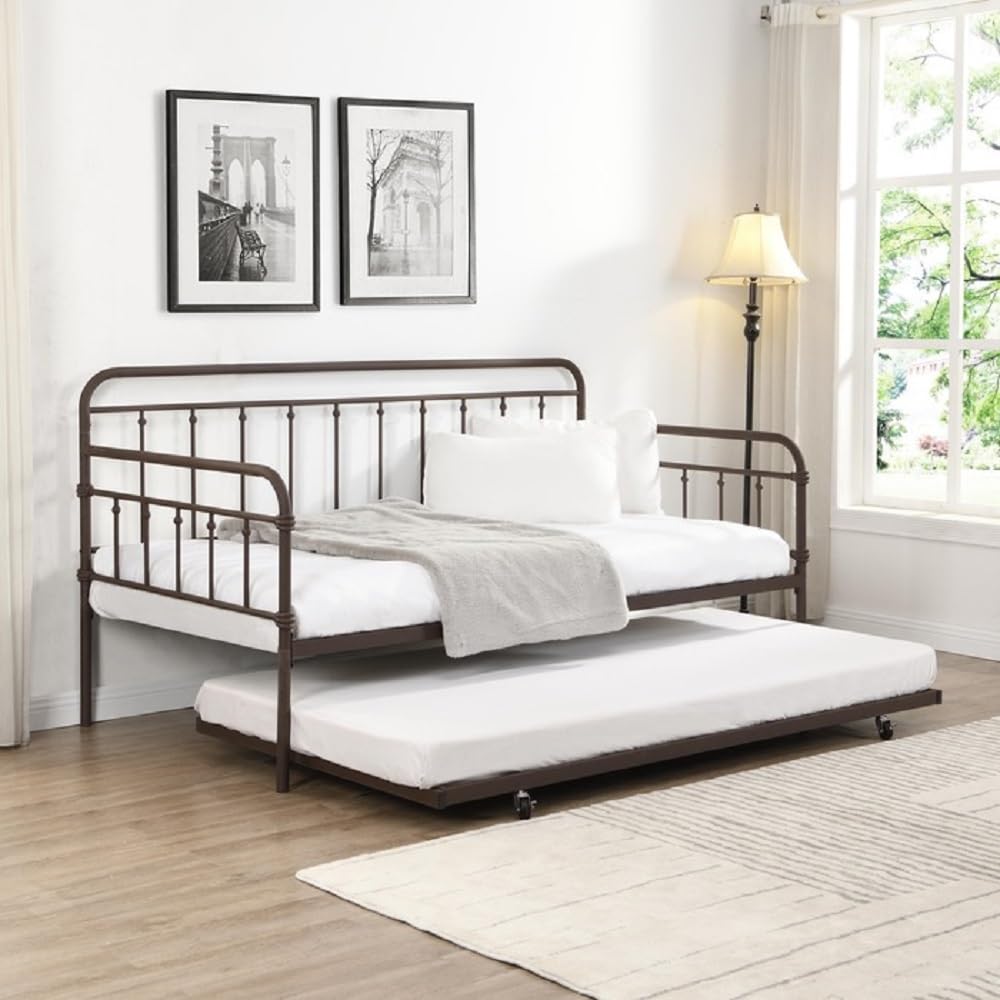 Classic Farmhouse Wrought Iron Metal Daybed with Free Standing Trundle