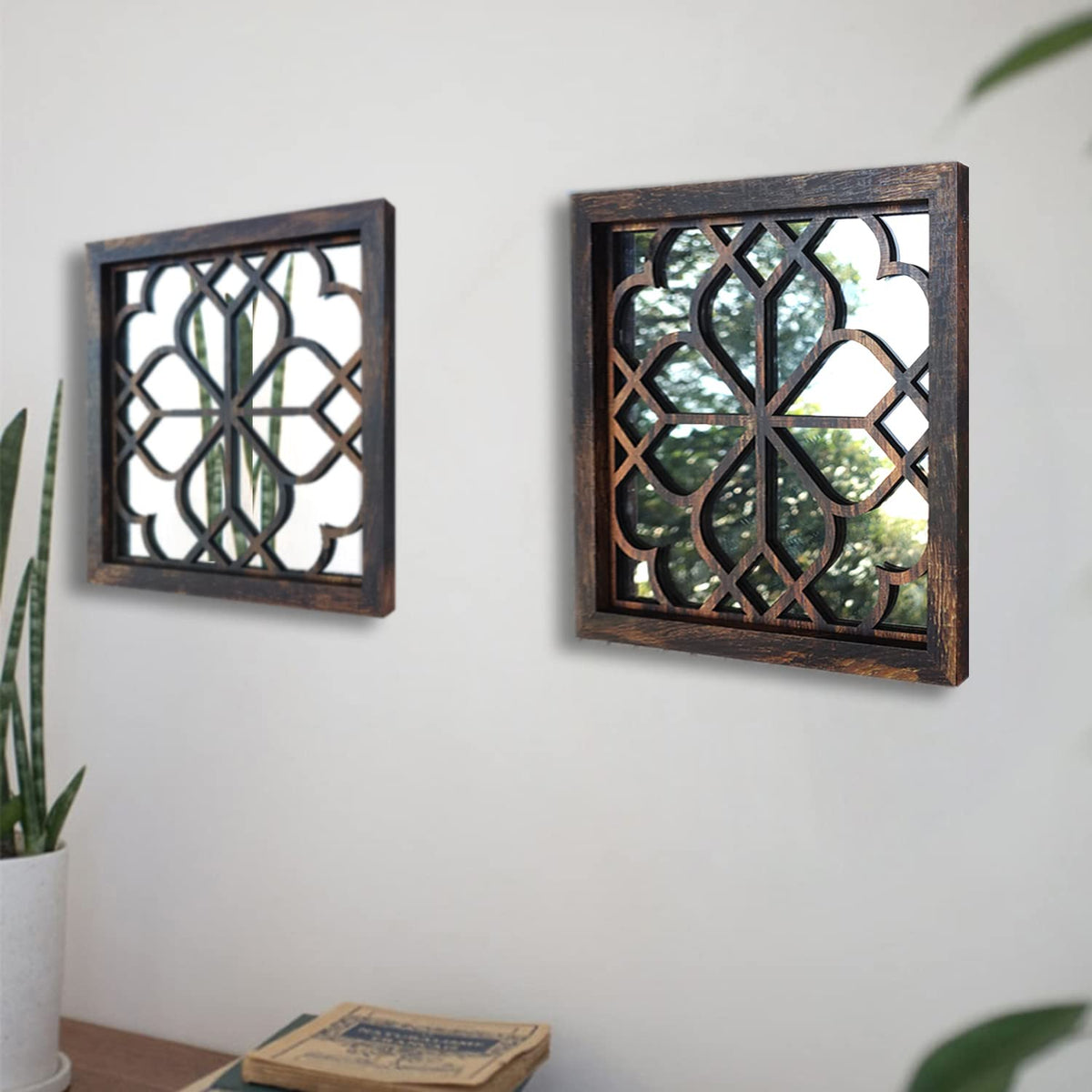 Set of 4 Mirrors Square Wall Mirror,Gorgeous Rustic Farmhouse Accent Mirror,Caramel Color Entry Mirror