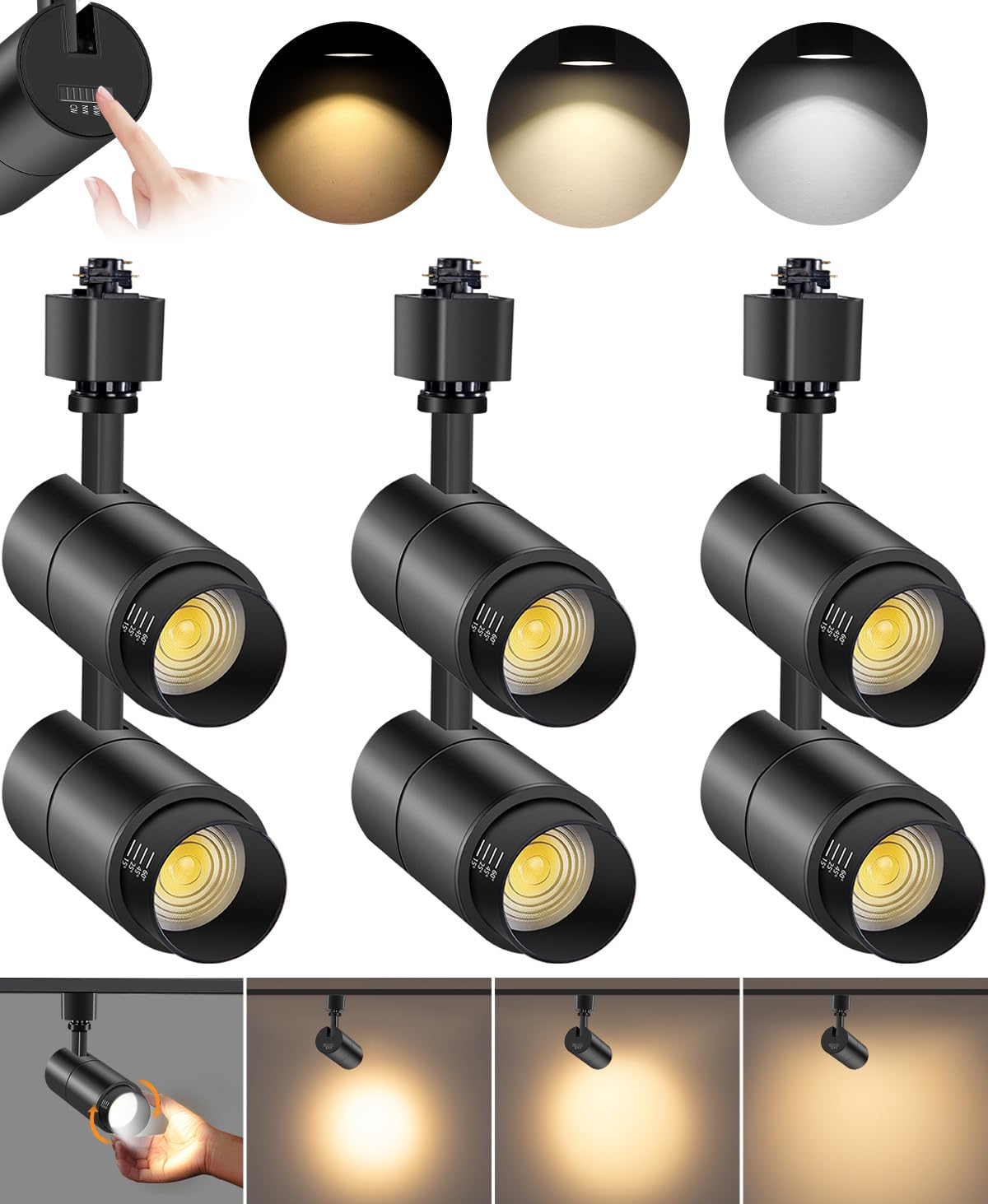 Zoomable 10W LED Track Lighting Heads H Type, Black 6 Pack