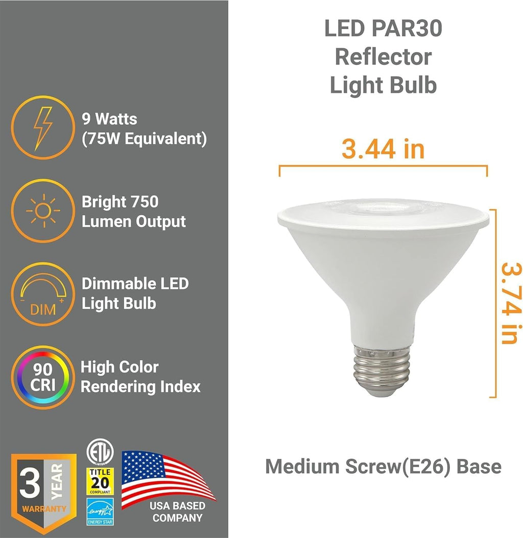 PAR30 LED Bulb Short Neck Flood Light Dimmable 9W (75W Equivalent) 750 Lumens E26 Standard Medium Base 2700K Warm