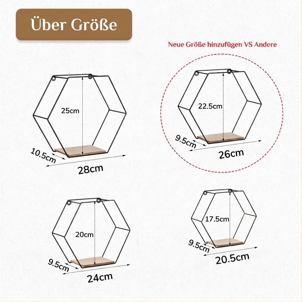 Hexagon Shelves Black for Wall - Metal Wood Floating Honeycomb Shelf - Hanging Planter Shelves Bedroom Bathroom Set