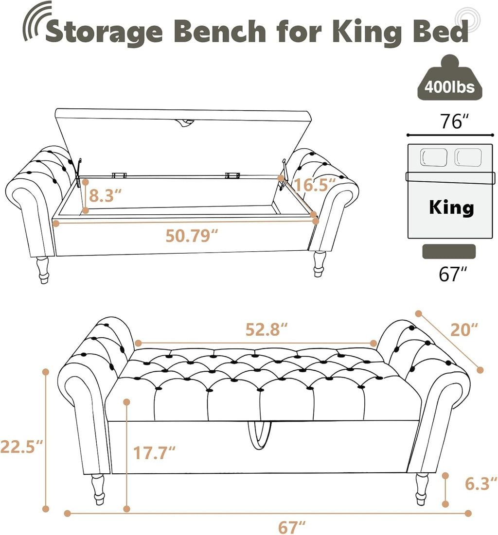 67'' End of Bed Storage Bench King Size, Storage Bench End of Bed, Upholstered Velvet Tufted Storage Ottoman Benches