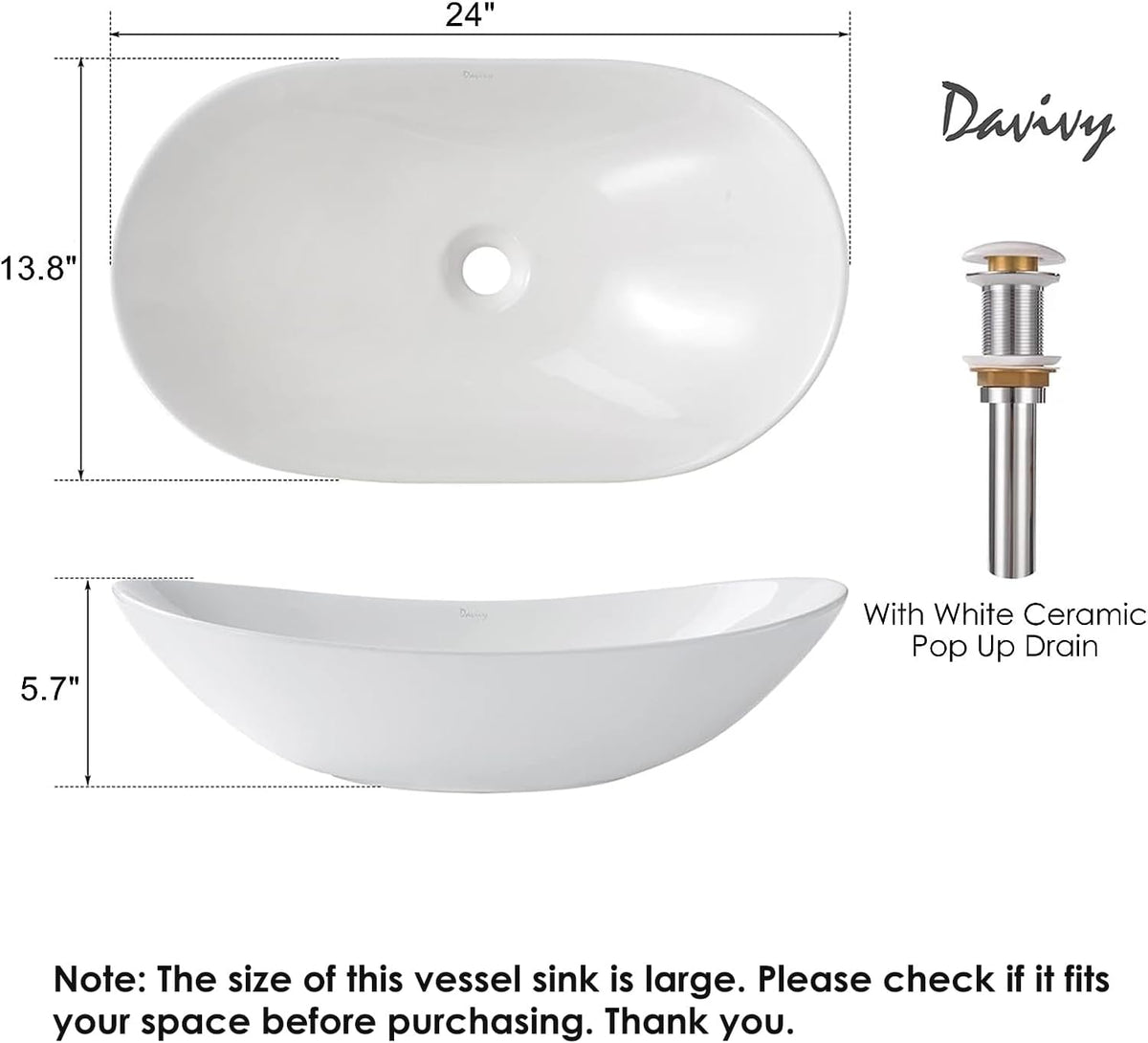 24'' X 13.8'' Large Oval Vessel Sink with Pop Up Drain,Bathroom Vessel Sinks,Bathroom Sinks Above Counter,White