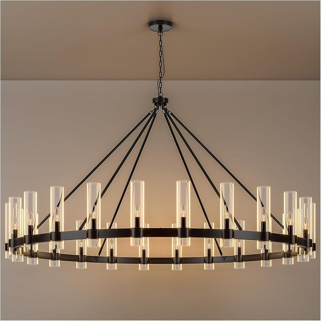 Inspired Ravelle Style 70 Inch Black Wagon Wheel Chandelier with Glass Shade, 24 Lights, Modern Farmhouse Style, Ideal for Dining Room, Kitchen, Entryways