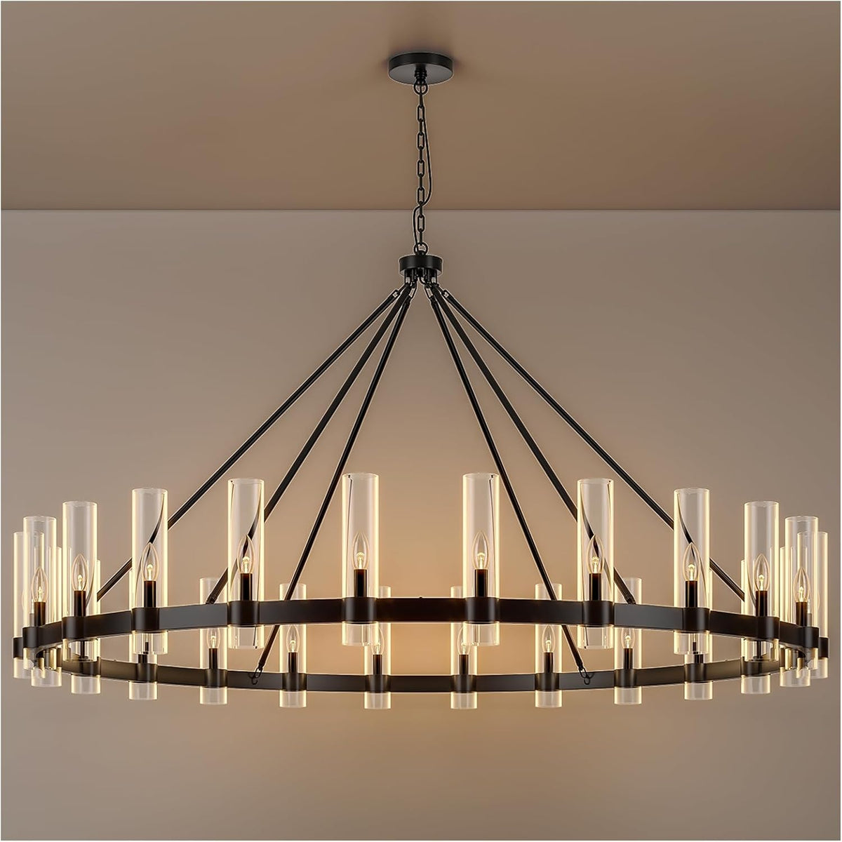 Inspired Ravelle Style 70 Inch Black Wagon Wheel Chandelier with Glass Shade, 24 Lights, Modern Farmhouse Style, Ideal for Dining Room, Kitchen, Entryways